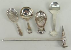 FOUR VARIOUS SILVER CADDY SPOONS including a late George III spoon dated 1816, and a plated