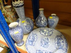 ASSORTED BLUE & WHITE VASES & TWO SIMILAR PLATTERS