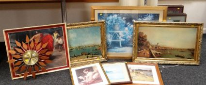 ASSORTED FRAMED PICTURES & A STARBURST-TYPE RETRO CLOCK