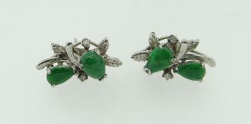 PAIR OF WHITE METAL JADEITE & DIAMOND CHIP STUD EARRINGS