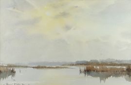 EDWARD WESSON watercolour - marshland scene, entitled verso 'A Still Backwater, Sheperton' on