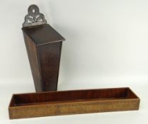 19TH CENTURY PROVINCIAL OAK CANDLE BOX, floral carved bracket, tapering rectangular base, 51cms