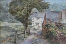 ARTHUR MILES watercolour and pencil - farmstead, entitled verso 'Caer Wiga Isaf, Vale of Glamorgan',