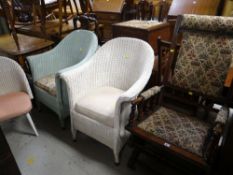 VINTAGE FLORAL UPHOLSTERED SPRUNG-TYPE AMERICAN ROCKING CHAIR and three items of Lloyd Loom
