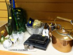 ASSORTED ITEMS including copper kettle, art glass vases, cased flatware ETC