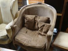 FRENCH STYLE CARVED UPHOLSTERED ARMCHAIR