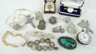 ASSORTED MAINLY SILVER ITEMS including hedgehog necklace, brooches, ladies fob watch, ARP badge ETC