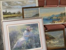 FIVE ASSORTED PICTURES to include E J Woodruf, a view of chateau Chillon, Switzerland,