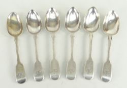 SET OF SIX EARLY VICTORIAN SILVER DESSERT SPOONS, London 1843, fiddle pattern, overall 10.5 troy
