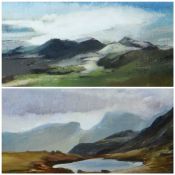 JOAN SUTHERLAND acrylics, a pair - Northern England mountain scenes, entitled verso 'The Scarfells