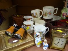 ASSORTED COMMEMORATIVE MUGS, clock, field glasses, picture frame
