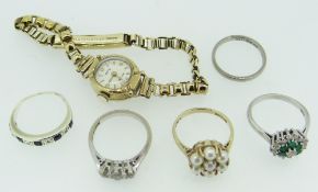 ASSORTED JEWELLERY comprising five various ladies dress rings including 9ct gold and cluster ring,