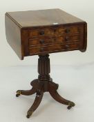 ANTIQUE THREE DRAWER DROP FLAP OCCASIONAL TABLE, mahogany with carved spider supports and brass