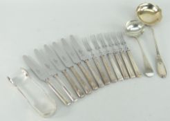ASSORTED SILVER FLATWARE to including set of six modern fruit knives and forks, Victorian sugar nips