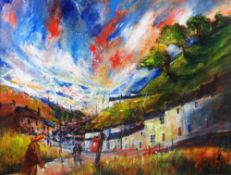 K FOSTER acrylic - South Wales valley scene with figures, signed, 26 x 34cms