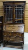 VINTAGE CARVED BARELY TWIST JACOBEAN STYLE BOOKCASE BUREAU, 96cms wide