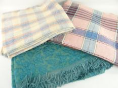 TWO TRADITIONAL BLANKETS & A BED COVER, one blanket in pink, blue and brown plaid (3)