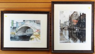 HENRI CASSIERS (numbered 145) engraving - low-countries canal scene with swans, published by