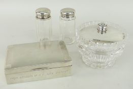 SILVER CIGARETTE BOX, engine turned case, together with silver topped cut glass bowl and silver