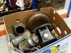 ASSORTED VINTAGE ITEMS including bed warming pan, Bakelite telephone ETC