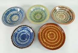 FIVE EWENNY CLAYPITS SHALLOW DISHES, blue and brown decoration, 20-22.5cms diameter (5)
