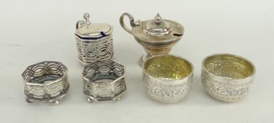 ASSORTED SILVER TABLEWARE to include a George V circular mustard pot, a late Victorian silver