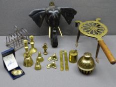 MISCELLANY - trivet stand, EPNS toast rack, brassware, ebony elephant head ETC