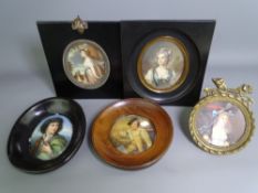 PAINTED PORTRAIT MINIATURES (four) and one other, three depicting young women in period clothing,