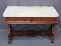 VICTORIAN MAHOGANY MARBLE TOP WASH STAND having twin frieze drawers with turned wood knobs, carved