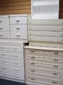 CREAM/WHITE BEDROOM CHESTS X 5 and a small open melamine bookcase, various measurements