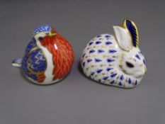 ROYAL CROWN DERBY PAPERWEIGHTS (two) - robin with gold stopper and rabbit (stopper lacking)