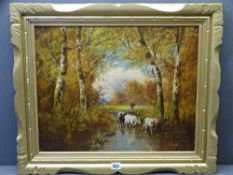 H VERDIER oil on canvas - 19th Century, French Cattle watering, 40 x 50cms