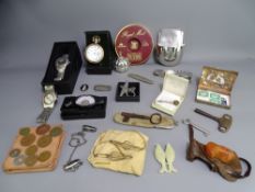 GENTLEMEN'S MIXED COLLECTABLES including a Waltham gold plated pocket watch with travel stand,