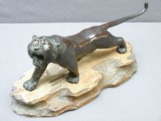 COLD BRONZE MODEL OF A TIGER, indistinctly initialled to a foot, on a wooden plinth