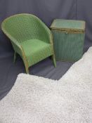 LLOYD LOOM & SIMILAR FURNITURE X 2, green with gold painted armchair and glass topped linen basket