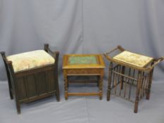 VINTAGE BOX SEAT and other stools x 3 including an oak barley twist example with catch-close top and