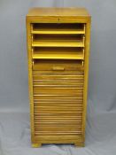 VINTAGE OAK TAMBOUR FRONT DOCUMENT CABINET with interior slide-out trays, 114.5cms H, 46.5cms W,