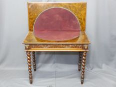 VICTORIAN WALNUT FOLD-OVER CARD TABLE, burr walnut rectangular top with circular purple baize to the
