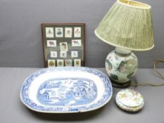 ASIATIC PHEASANT MEAT PLATTER, Oriental lamp, powder box and a framed set of military silks