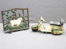 TIN PLATE MODEL SCOOTER and a cast metal recipe stand