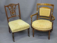 VINTAGE SALON CHAIRS X 2 including an inlaid mahogany circular seat chair with swept arms on