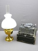 IMPERIAL GOOD COMPANION VINTAGE TYPEWRITER and a brass oil lamp with glass shade and chimney