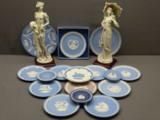 WEDGWOOD JASPERWARE COMMEMORATIVE PLATES and two composite figurines of ladies depicting the 1920s