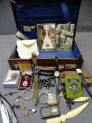 SMALL VINTAGE STATIONERY CASE and contents including costume jewellery, Girl Guide enamel and