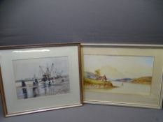 JERRY BALL watercolour - study of Holyhead Harbour with boats, 28 x 37cms and E L HERRING