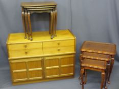 NATHAN TYPE MID-CENTURY SIDEBOARD and two nests of three reproduction occasional tables, various
