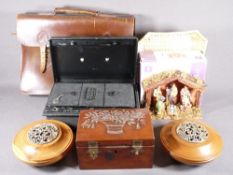 METAL DEED BOX with the address 'St James Street, SW1' (with key), a leather briefcase, various