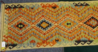 VEGETABLE DYE WOOL CHOBI KILIM RUNNER - vibrant colours on a cream ground with central diamond and