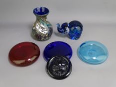 FLAT PAPERWEIGHTS and other collector's glassware including cranberry, blue and black examples