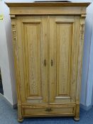 PINE WARDROBE - two door with single base drawer on bun feet, 186 x 113 x 57cms